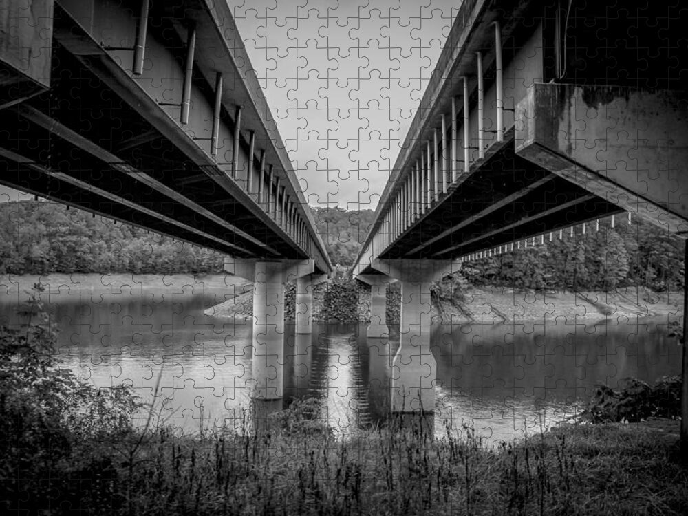 Kelly Hazel Jigsaw Puzzle featuring the photograph The Underside of Two Bridges Symmetry in Black and White by Kelly Hazel
