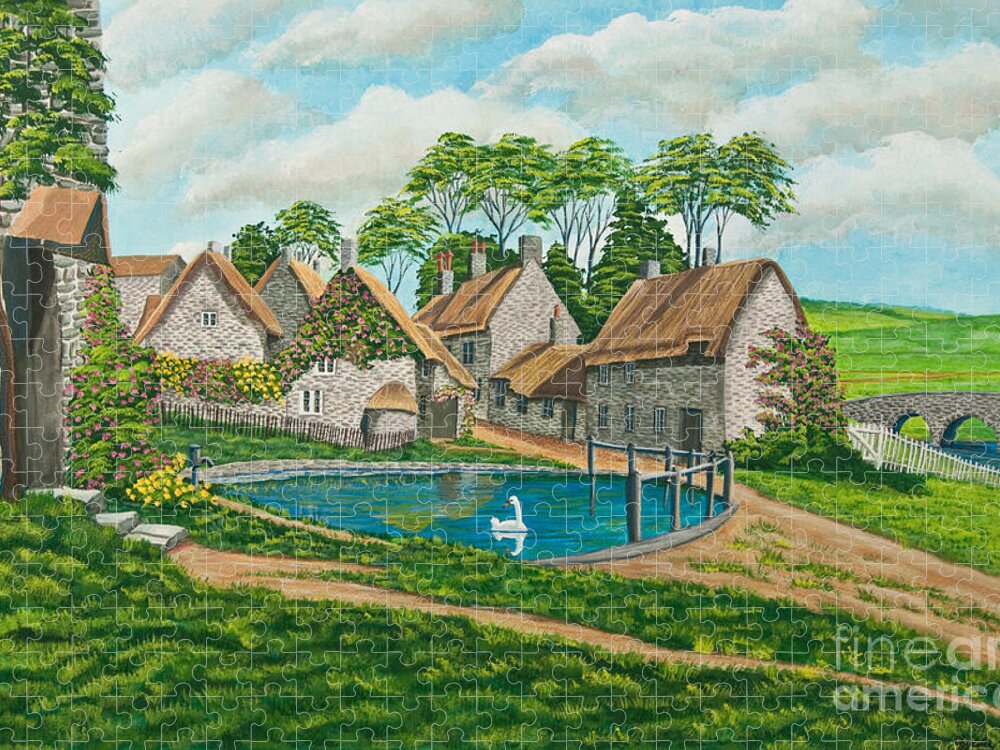 English Painting Jigsaw Puzzle featuring the painting The Village Pond in Wroxton by Charlotte Blanchard