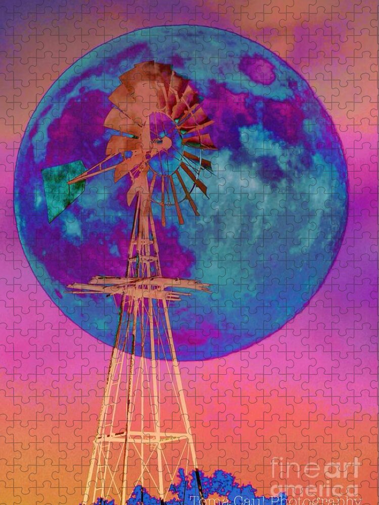 Moon Jigsaw Puzzle featuring the photograph The Windmill and Moon in a Sherbet Sky by Toma Caul