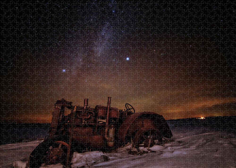 Astro Landscape Scenic Stars Milky Way Winter Antique Tractor Nd Night Night Sky Jigsaw Puzzle featuring the photograph The Witness by Peter Herman