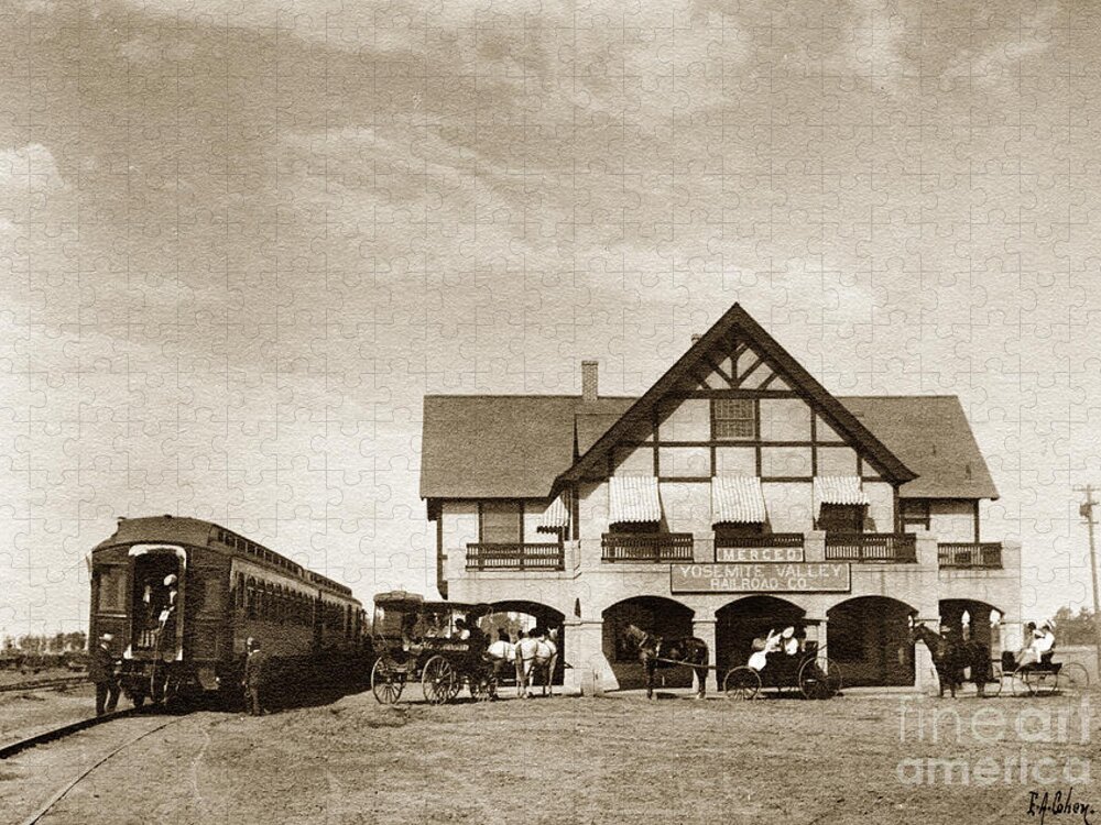 The Yosemite Valley Railroad (yvrr) Depot At Merced Jigsaw Puzzle featuring the photograph The Yosemite Valley Railroad YVRR depot at Merced California 1907 by Monterey County Historical Society
