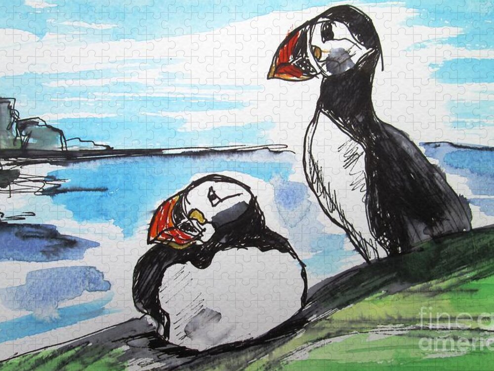 Puffins Jigsaw Puzzle featuring the painting They re tall cliffs available as a signed and numbered canvas prints by Mary Cahalan Lee - aka PIXI