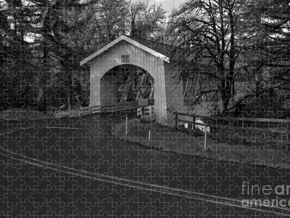 Bw Jigsaw Puzzle featuring the photograph Thomas Creek Covered Bridge - Black And White by Adam Jewell