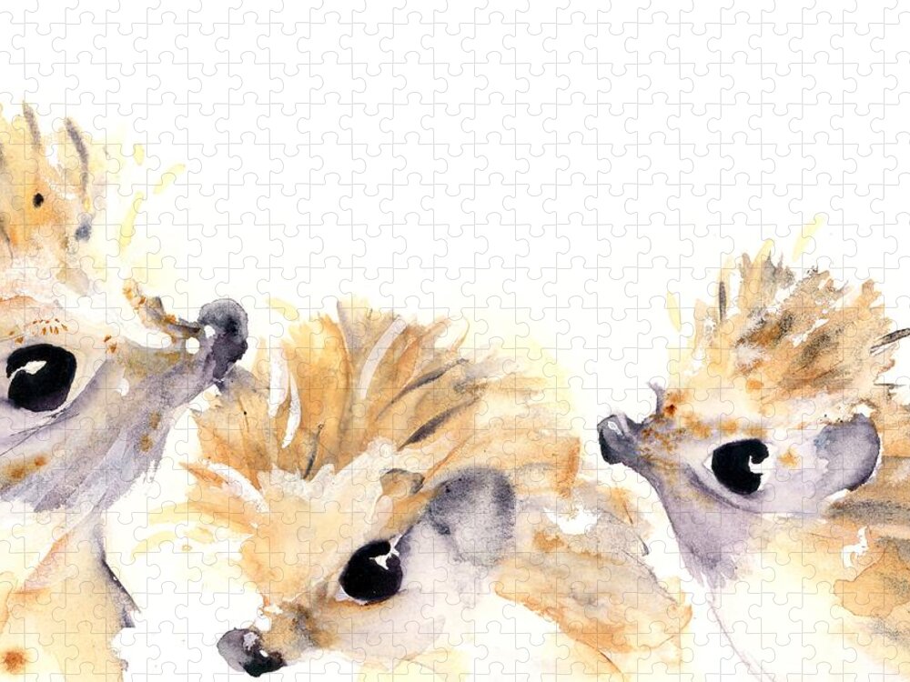 Hedgehog Watercolor Jigsaw Puzzle featuring the painting Three Hedgehogs by Dawn Derman