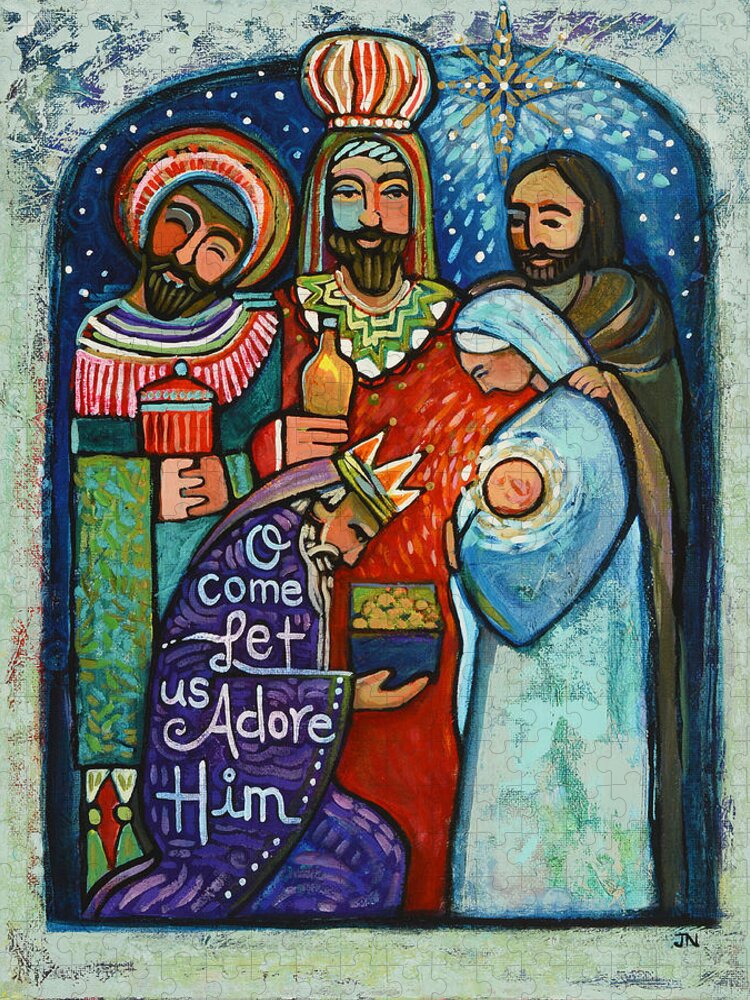 Jen Norton Jigsaw Puzzle featuring the painting Three Kings O Come Let us Adore Him by Jen Norton