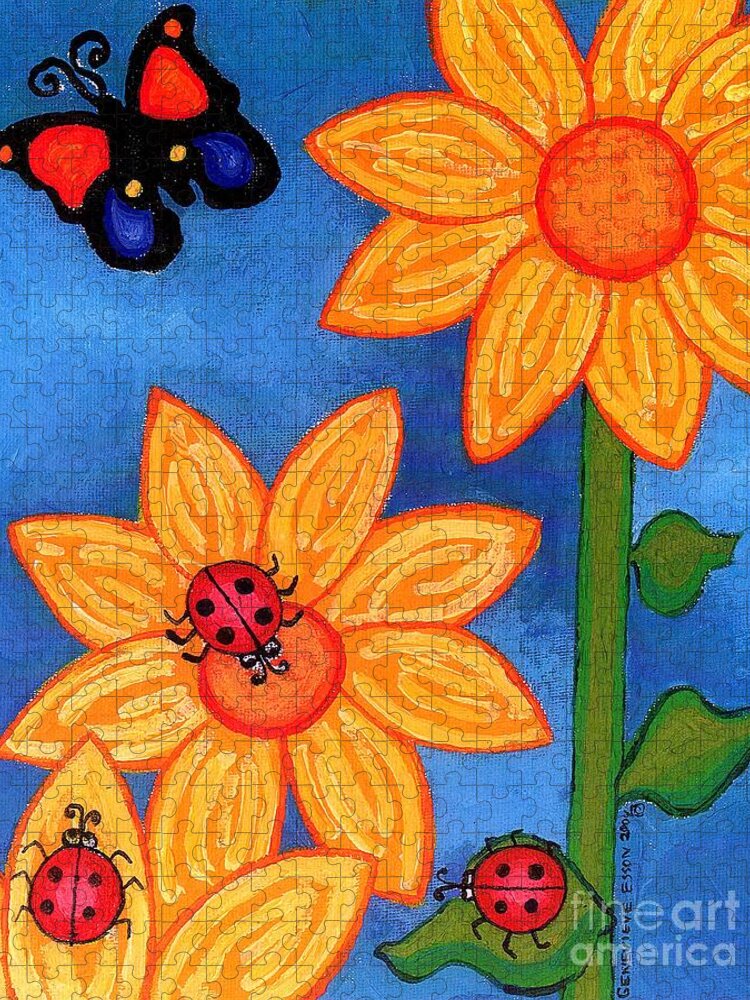 Ladybugs Jigsaw Puzzle featuring the painting Three Ladybugs and Butterfly by Genevieve Esson
