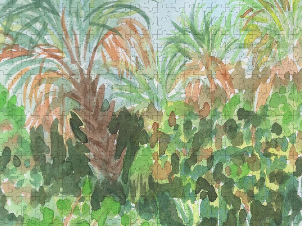 Watercolor Jigsaw Puzzle featuring the painting Three Palms by Marcy Brennan
