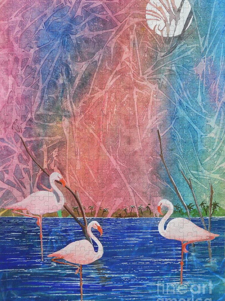 Flamingos Jigsaw Puzzle featuring the painting Three Pink Flamingos by Jackie Mueller-Jones