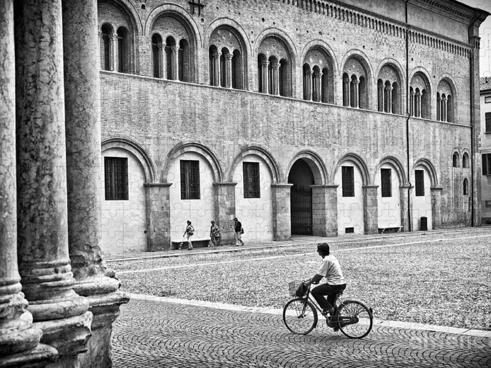 Black And White Jigsaw Puzzle featuring the photograph Three walking one biking by Silvia Ganora