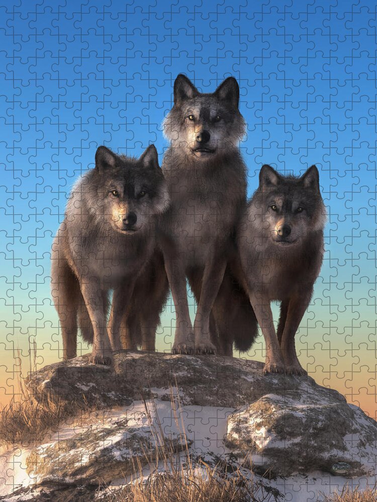 Staring Contest Jigsaw Puzzle featuring the digital art Three Wolves Watching You by Daniel Eskridge