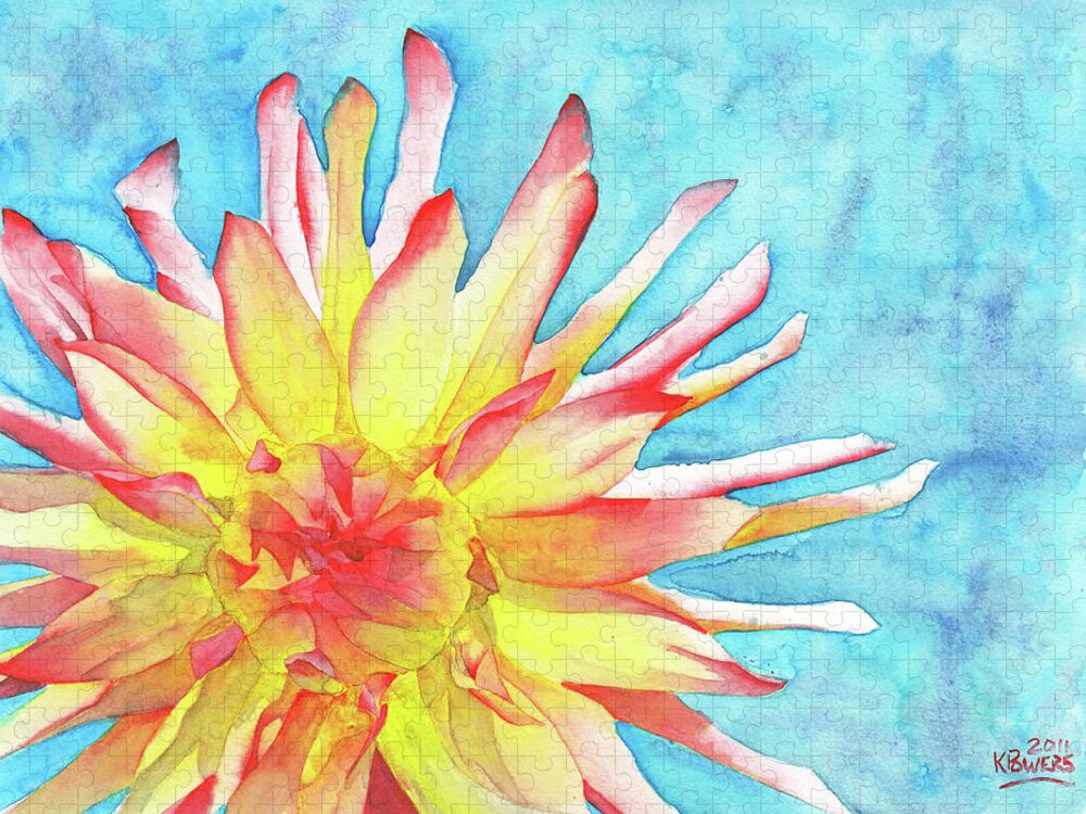 Watercolor Jigsaw Puzzle featuring the painting Tie-Dye Dahlia by Ken Powers