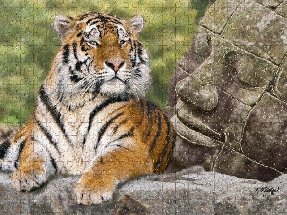 Tiger Jigsaw Puzzle featuring the pastel Tiger and Buddha by Kathie Miller