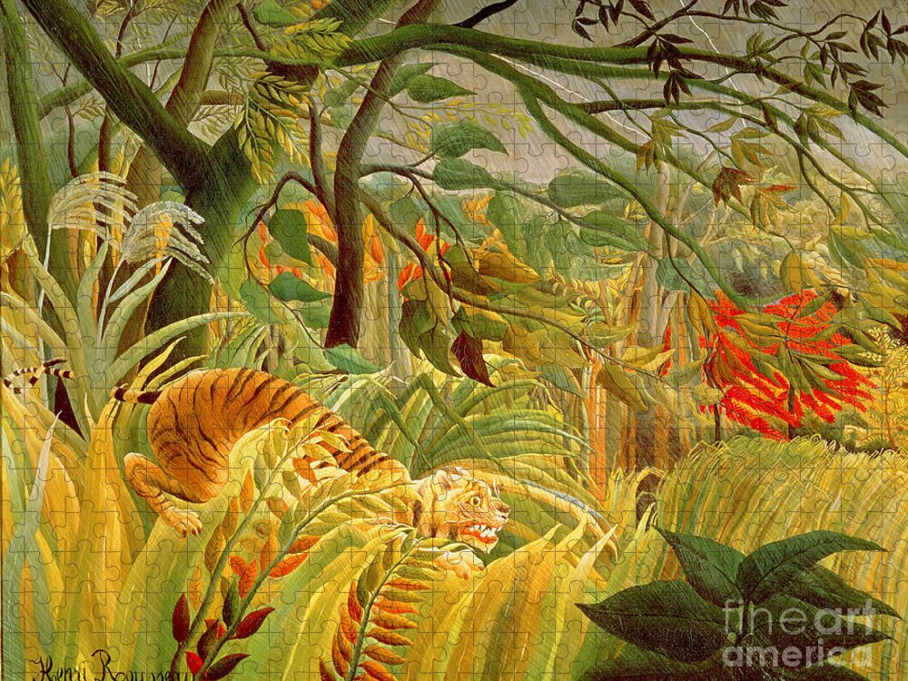 Tiger Jigsaw Puzzle featuring the painting Tiger in a Tropical Storm by Henri Rousseau
