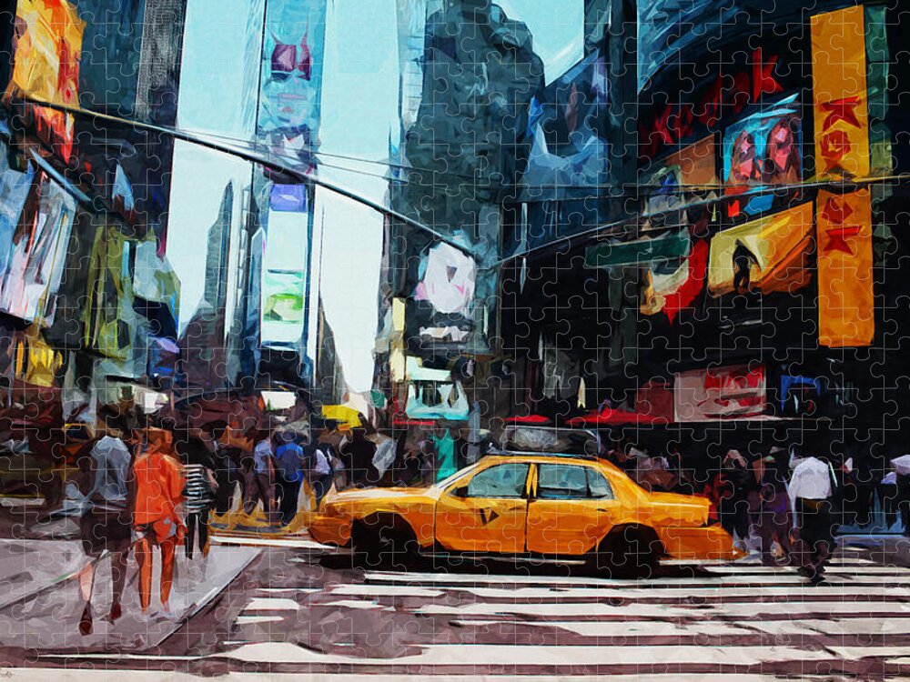 Times Square Jigsaw Puzzle featuring the digital art Times Square Taxi- Art by Linda Woods by Linda Woods