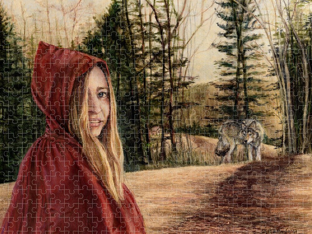 Little Red Riding Hood Jigsaw Puzzle featuring the drawing To Grandmother's House We Go by Shana Rowe Jackson