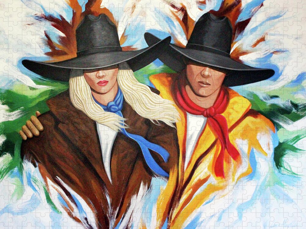 Cowgirl And Cowboy Jigsaw Puzzle featuring the painting Together Always by Lance Headlee