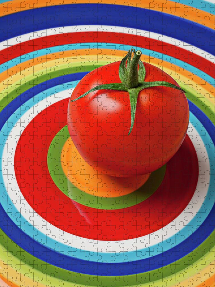 Tomato Plate Circle Food Fruit Jigsaw Puzzle featuring the photograph Tomato on plate with circles by Garry Gay