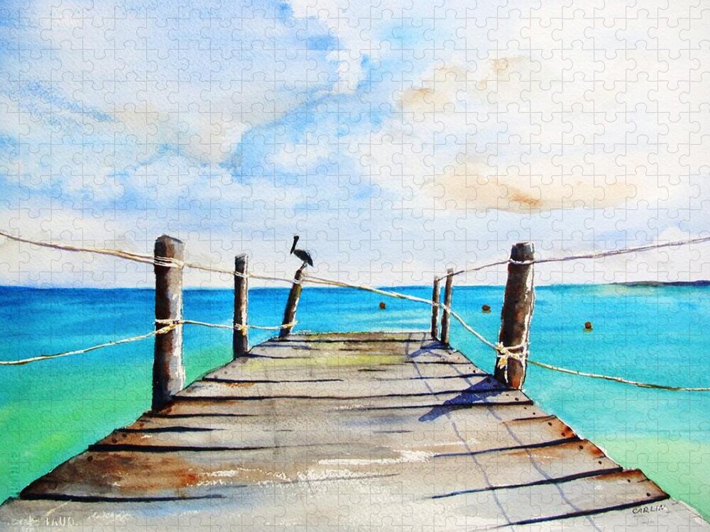 Old Pier Jigsaw Puzzle featuring the painting Top of Old Pier on Playa Paraiso by Carlin Blahnik CarlinArtWatercolor