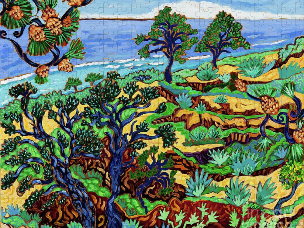 Torrey Pines Jigsaw Puzzle featuring the painting Torrey Pines Overlook by Cathy Carey
