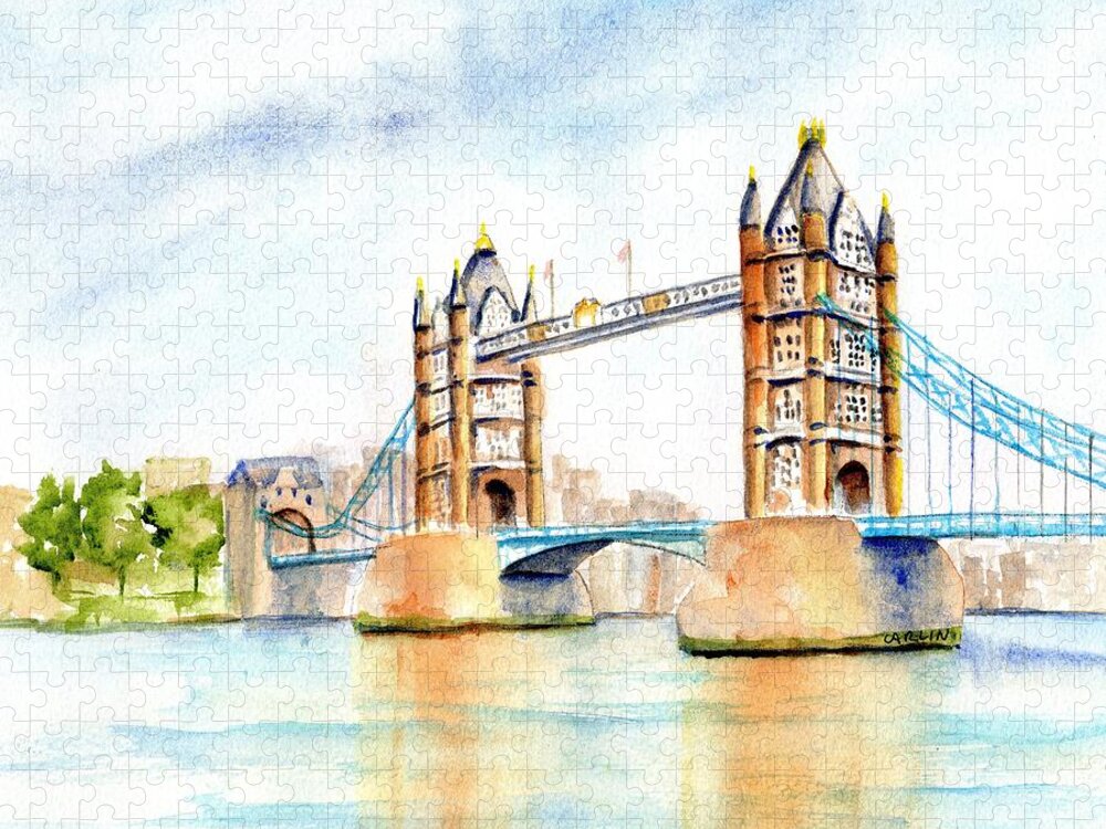 Tower Bridge Jigsaw Puzzle featuring the painting Tower Bridge London by Carlin Blahnik CarlinArtWatercolor