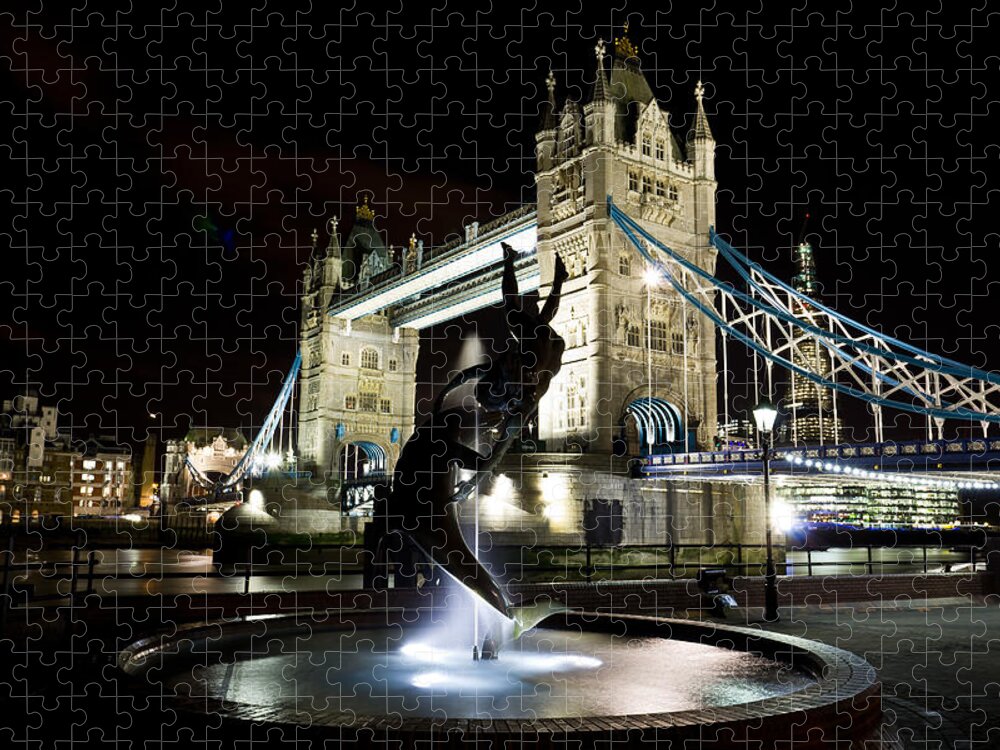 Tower Bridge Jigsaw Puzzle featuring the photograph Tower Bridge With Girl and Dolphin Statue by David Pyatt