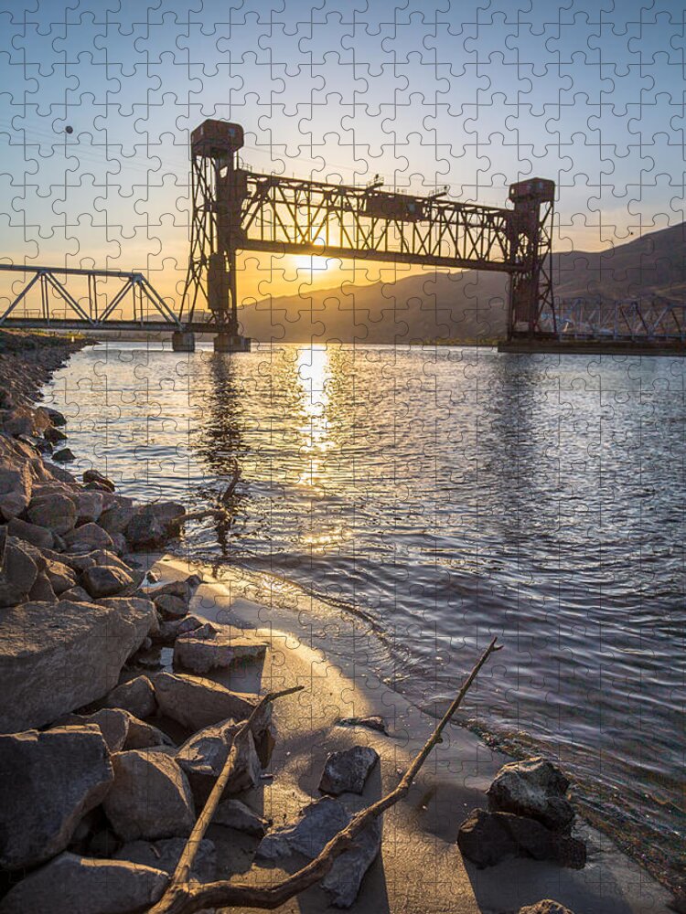 Lewiston Idaho Id Clarkston Washington Wa Lc-valley Lc Valley Pacific Northwest Palouse Train Bridge Sand Rocks Clearwater River Water Shore Outdoors Scenic Sunset Confluence Sunsetting Rocky Stick Driftwood Nature Jigsaw Puzzle featuring the photograph Train Bridge Beach by Brad Stinson