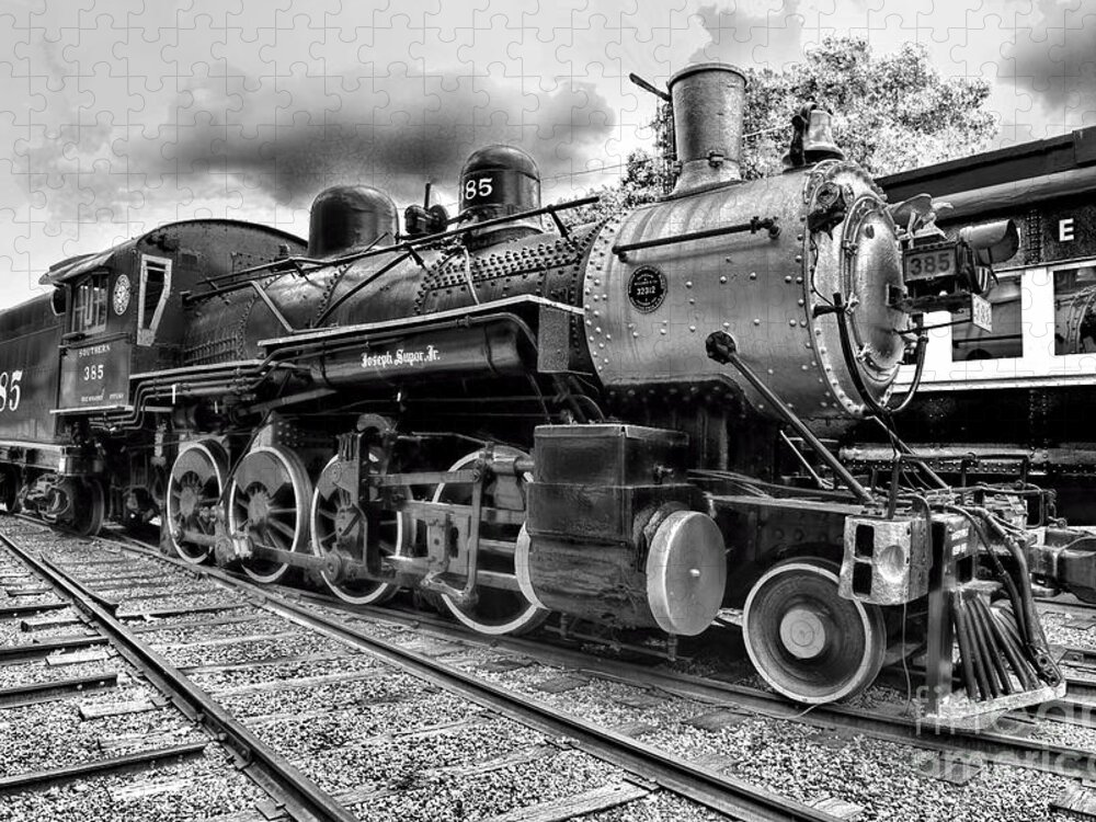 Paul Ward Puzzle featuring the photograph Train - Steam Engine Locomotive 385 in black and white by Paul Ward