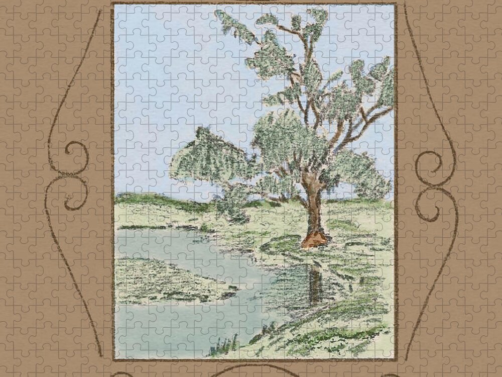 Tree Jigsaw Puzzle featuring the drawing Tree Mirror in Lake by Donna L Munro