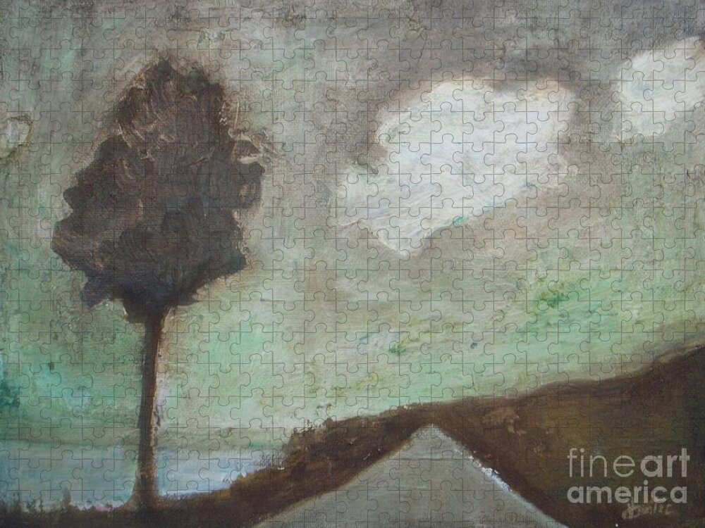 Tree Jigsaw Puzzle featuring the painting Tree on the Rural Road by Vesna Antic