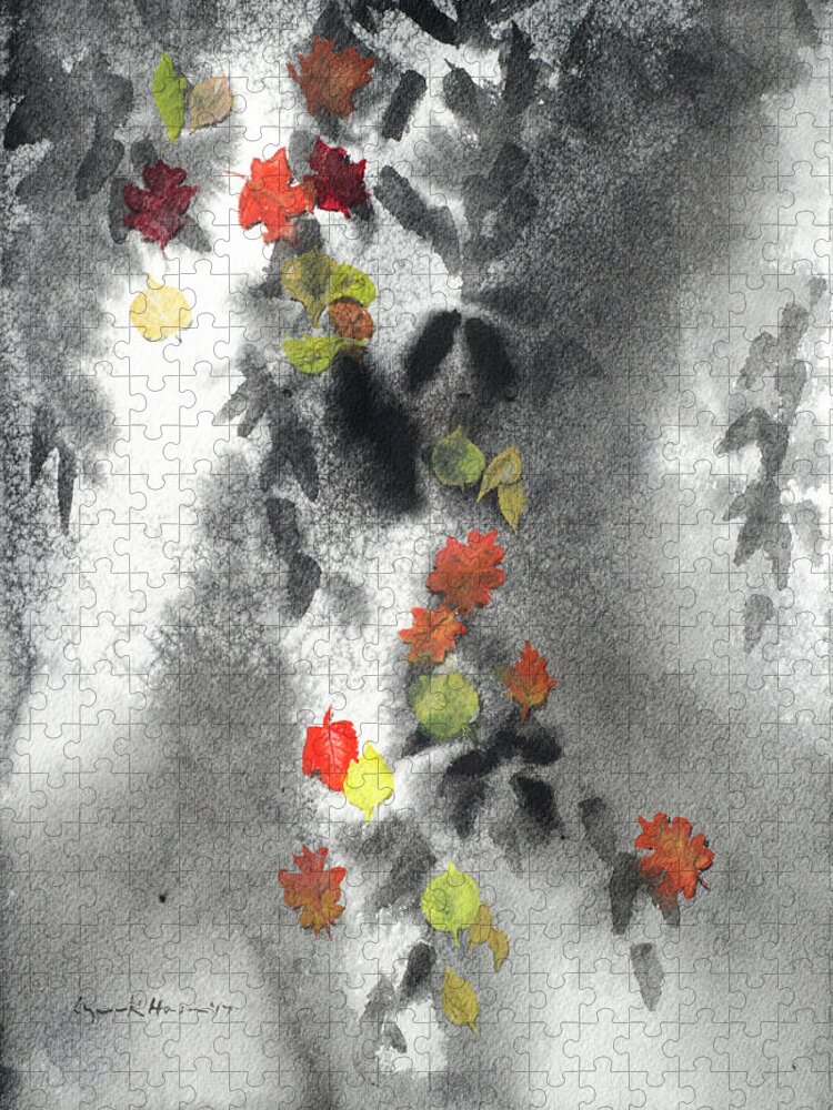 Watercolor Jigsaw Puzzle featuring the painting Tree Shadows and Fall Leaves by Lynn Hansen