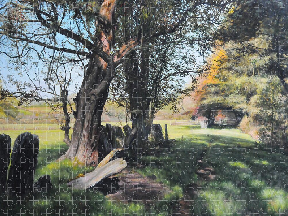 Landscape Jigsaw Puzzle featuring the painting Trees near Rhug. by Harry Robertson