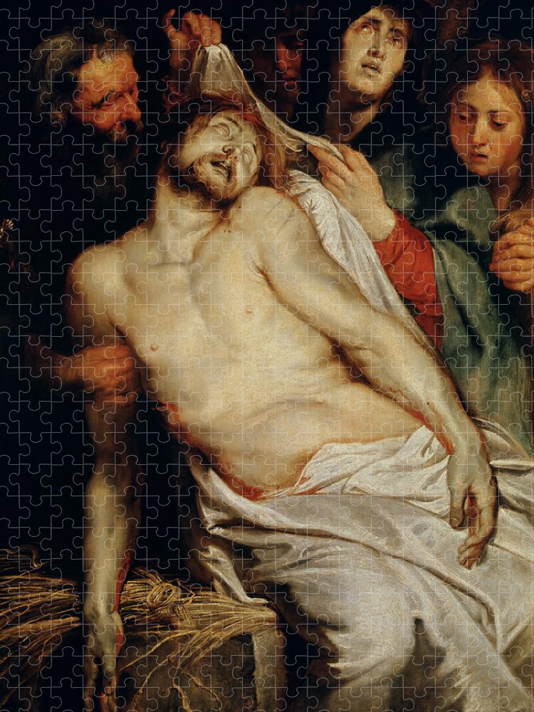 Triptych Of Christ On The Straw Jigsaw Puzzle featuring the painting Triptych of Christ on the Straw by Rubens