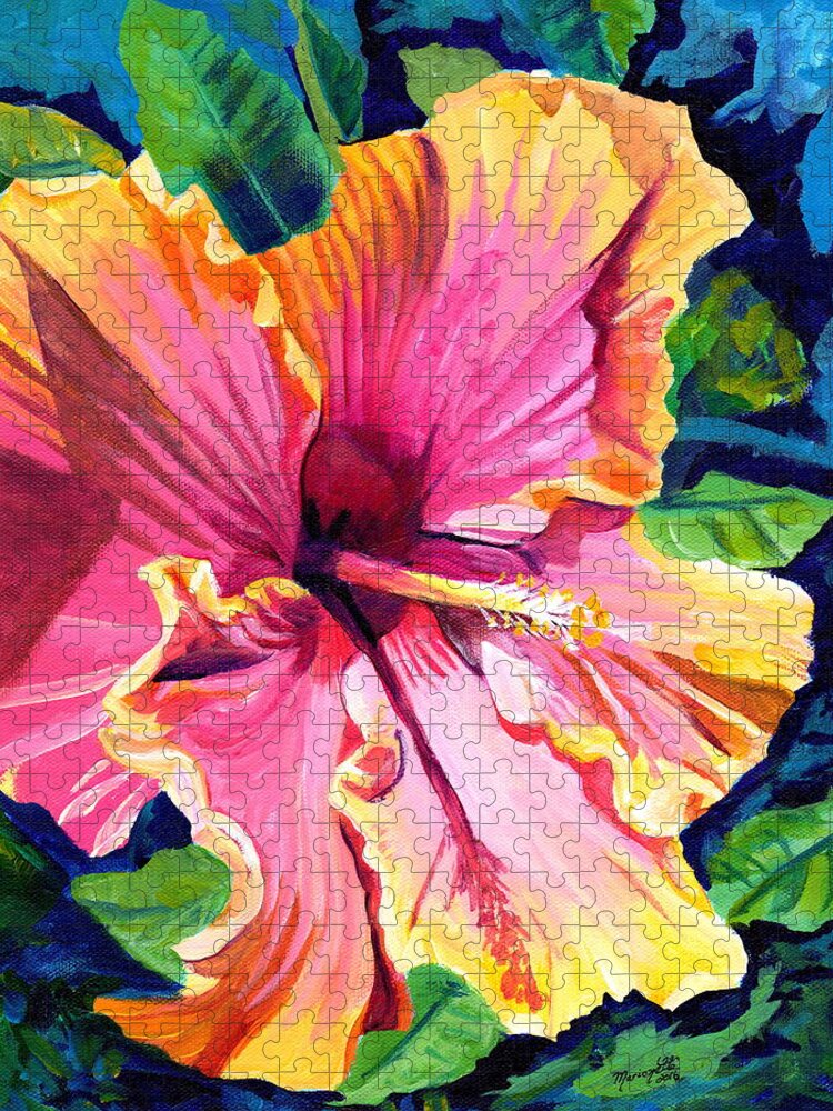 Hibiscus Jigsaw Puzzle featuring the painting Tropical Bliss Hibiscus by Marionette Taboniar