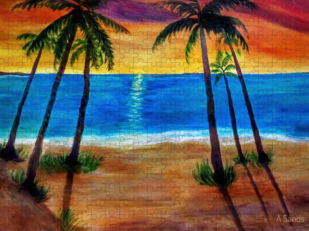 Sunset Jigsaw Puzzle featuring the painting Tropical Paradise by Anne Sands