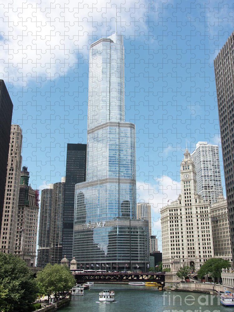 Boats Jigsaw Puzzle featuring the photograph Trump Tower Overlooking the Chicago River by David Levin