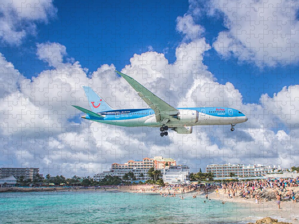 Tui Airlines Jigsaw Puzzle featuring the photograph TUI Airlines Netherlands landing at St. Maarten airport by David Gleeson