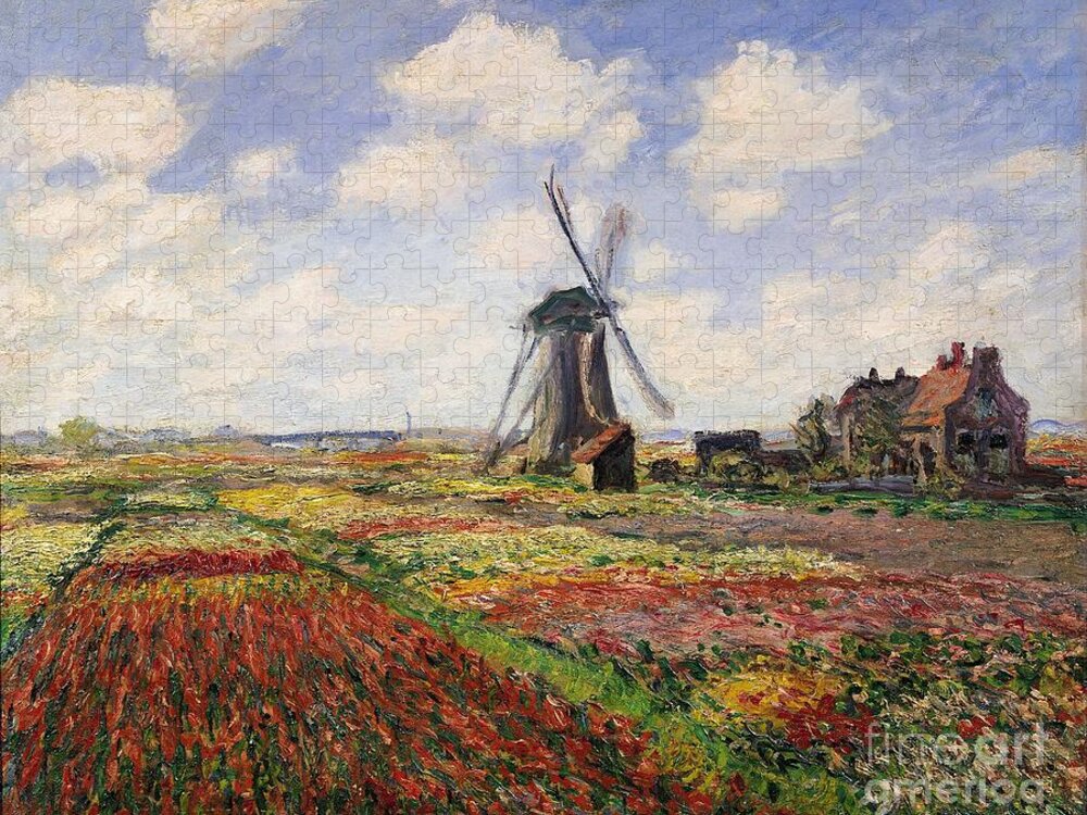 Claude Monet Jigsaw Puzzle featuring the painting Tulip Fields with the Rijnsburg Windmill by Claude Monet