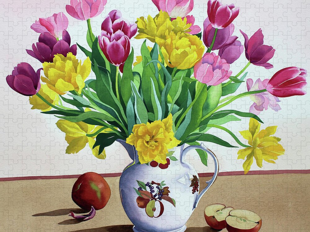 Pink Jigsaw Puzzle featuring the painting Tulips in Jug with Apples by Christopher Ryland