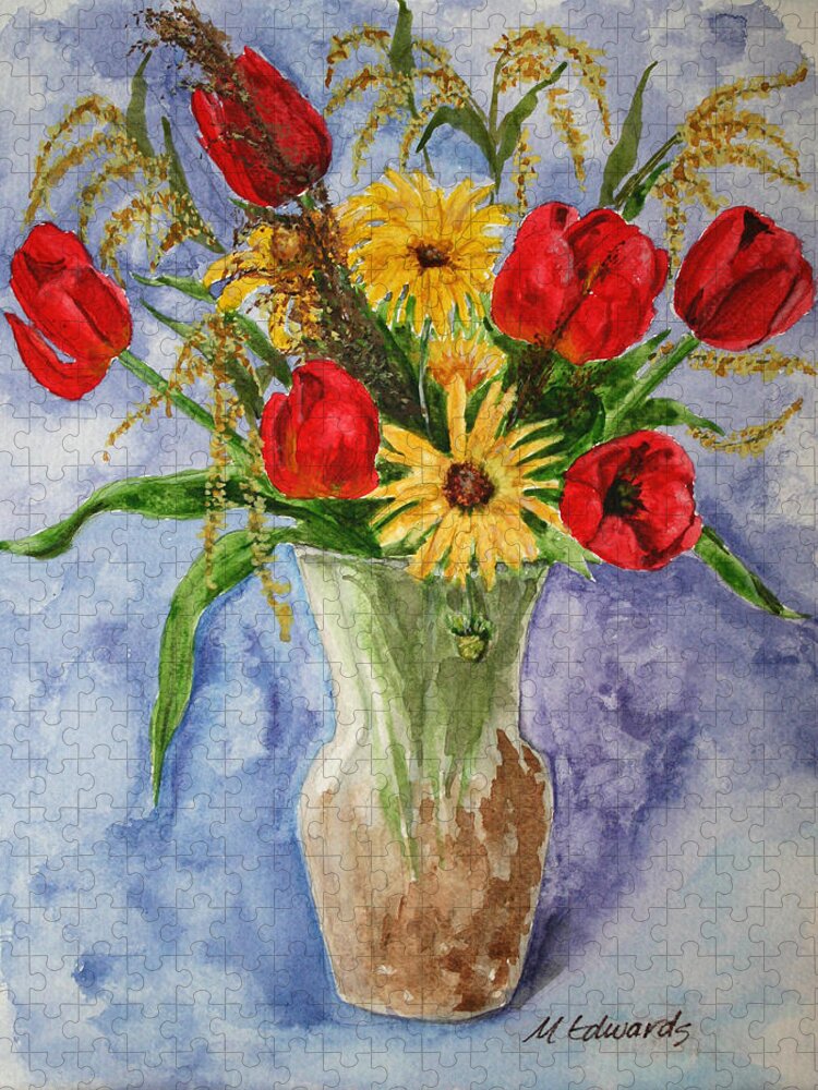 Tulips Jigsaw Puzzle featuring the painting Tulips in vase by Marna Edwards Flavell