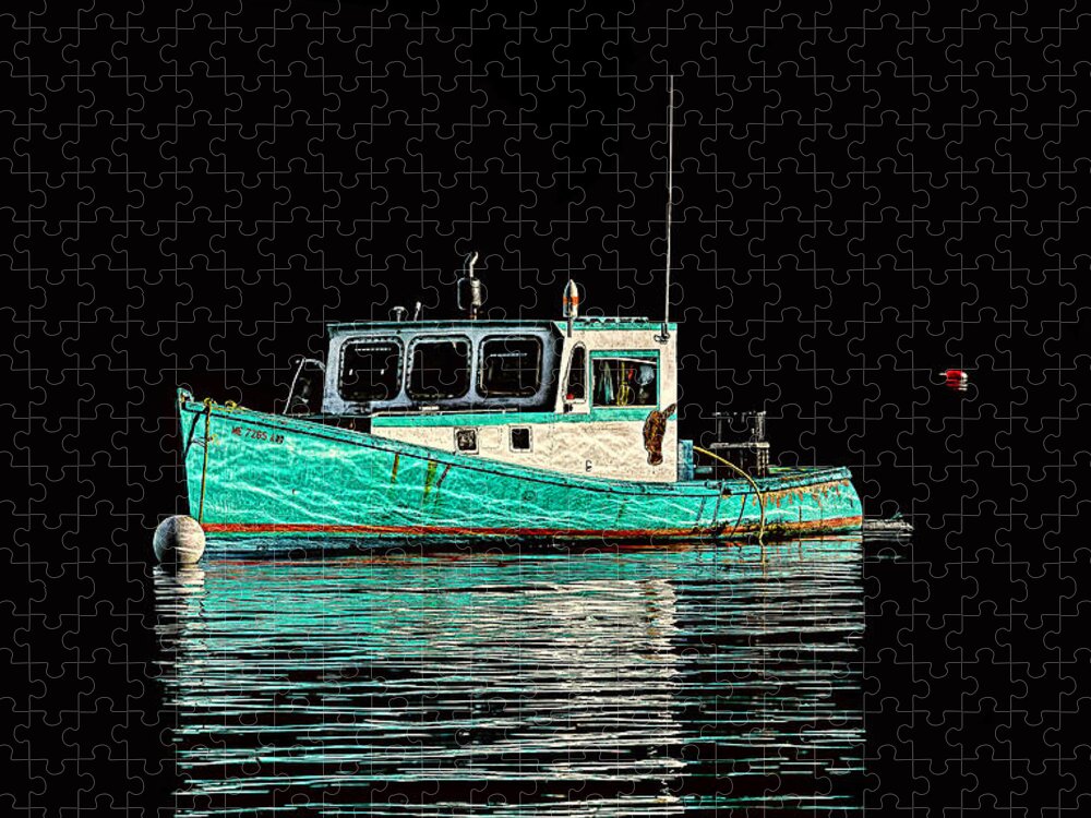 Turquoise Lobster Boat And Its Reflection Jigsaw Puzzle featuring the photograph Turquoise Lobster Boat At Mooring by Marty Saccone