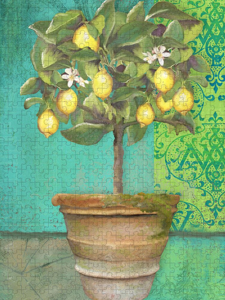 Tuscan Jigsaw Puzzle featuring the painting Tuscan Lemon Topiary - Damask Pattern 1 by Audrey Jeanne Roberts