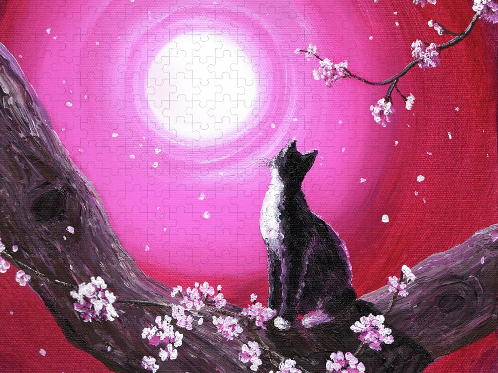 Tuxedo Cat Jigsaw Puzzle featuring the painting Tuxedo Cat in Cherry Blossoms by Laura Iverson
