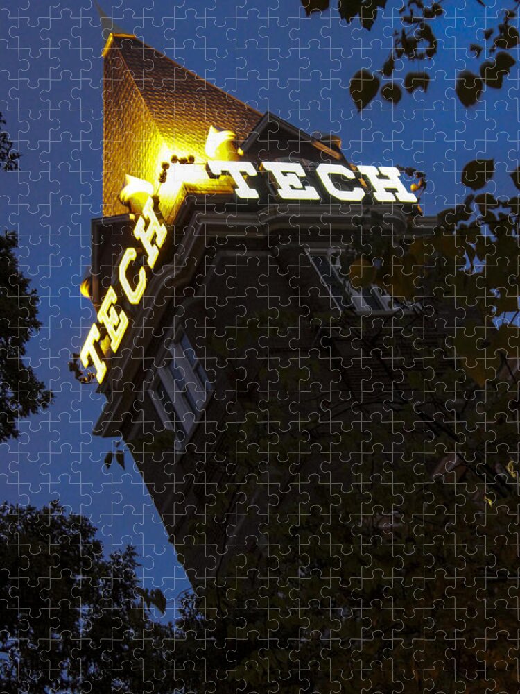 Reid Callaway Georgia Tech Jigsaw Puzzle featuring the photograph Towering Technology Georgia Tech Atlanta Georgia Night Architectural Art by Reid Callaway
