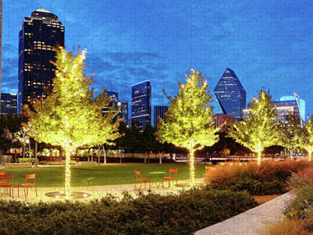 Downtown Jigsaw Puzzle featuring the photograph Twilight Panorama of Klyde Warren Park and Downtown Dallas Skyline - North Texas by Silvio Ligutti