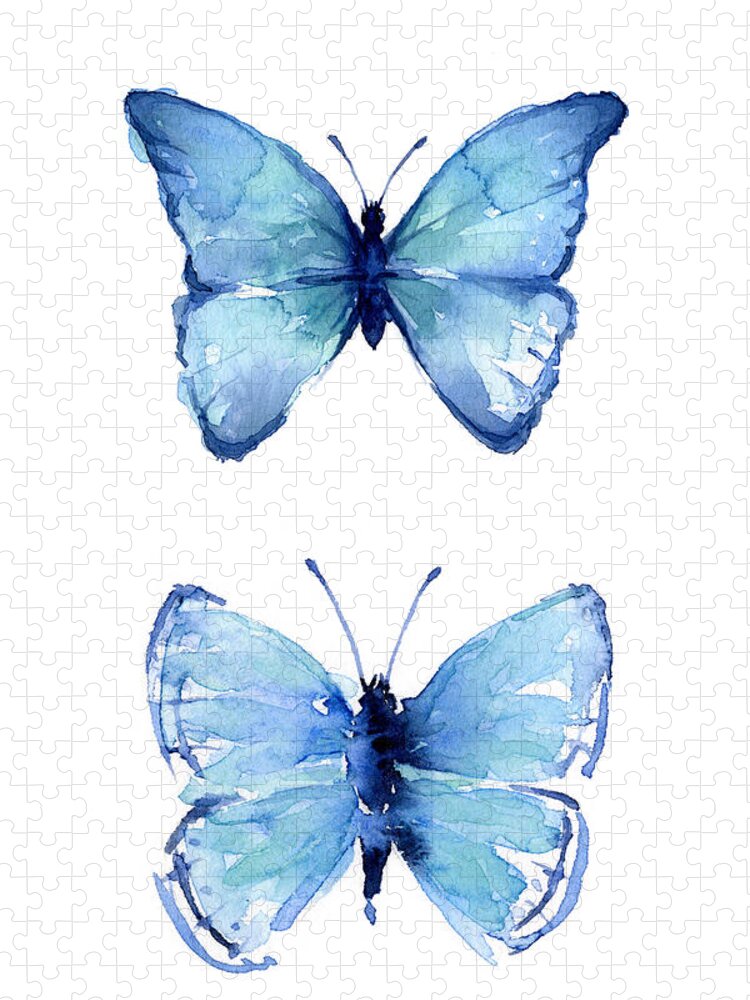 Watercolor Jigsaw Puzzle featuring the painting Two Blue Butterflies Watercolor by Olga Shvartsur