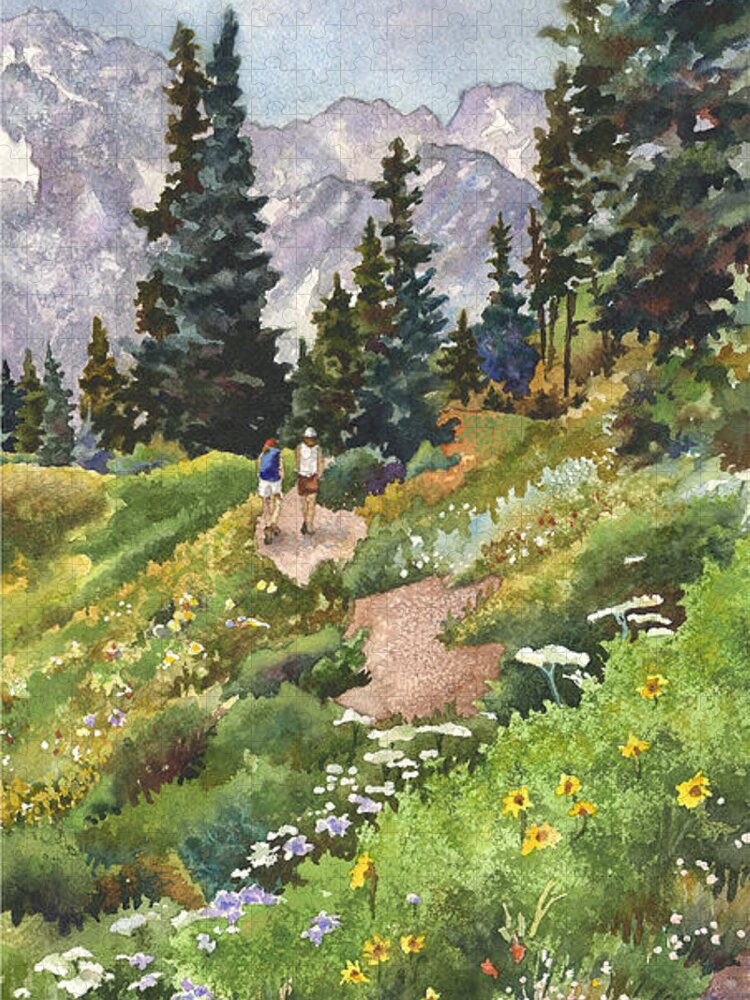 Colorado Hiking Trail Painting Jigsaw Puzzle featuring the painting Two Hikers by Anne Gifford