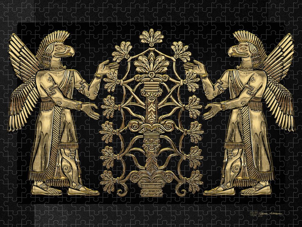‘treasures Of Mesopotamia’ Collection By Serge Averbukh Jigsaw Puzzle featuring the digital art Two Instances of Gold God Ninurta with Tree of Life over Black Canvas by Serge Averbukh