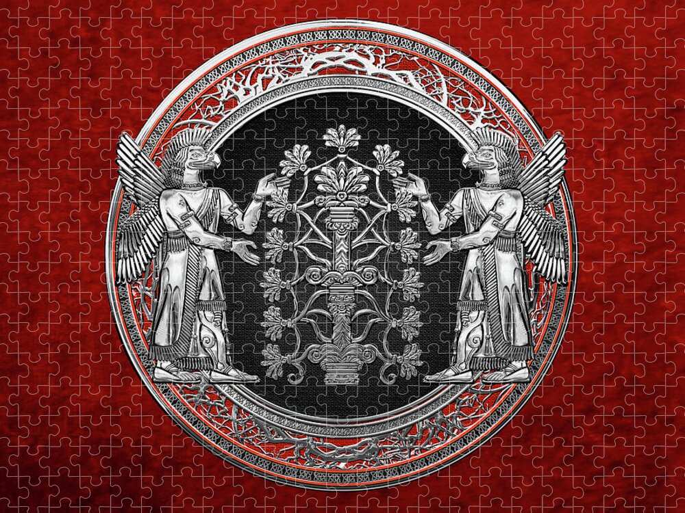 ‘treasures Of Mesopotamia’ Collection By Serge Averbukh Jigsaw Puzzle featuring the digital art Two Instances of Silver God Ninurta with Tree of Life over Red Velvet by Serge Averbukh