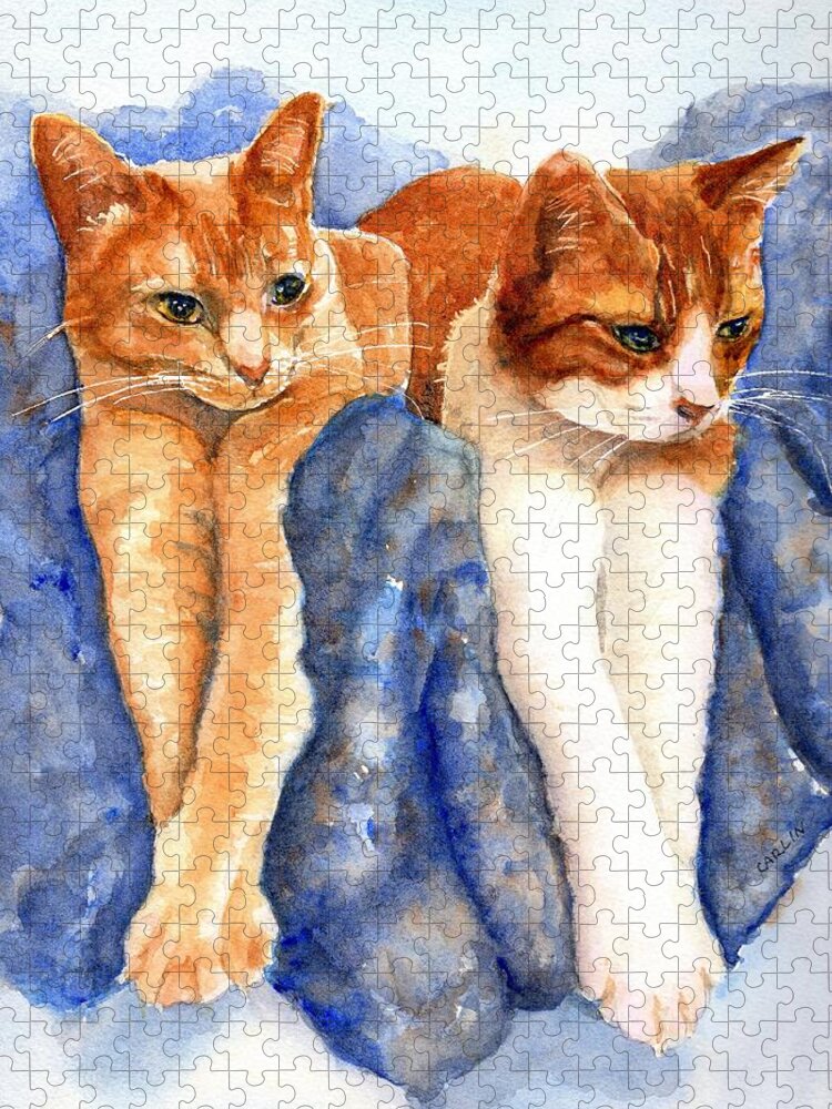 Cats Jigsaw Puzzle featuring the painting Two Orange Tabby Cats by Carlin Blahnik CarlinArtWatercolor