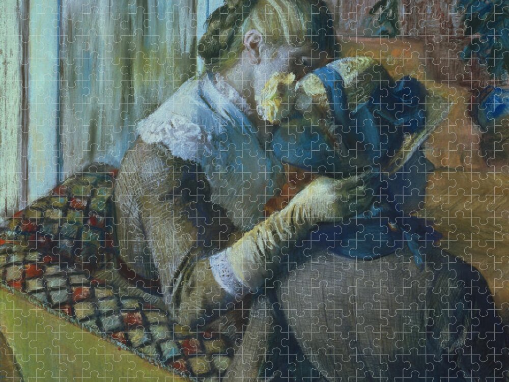 Impressionist; Female; Interior; Bonnet; Sofa; Seated; Caress; Lesbian; Annenberg Collection; Palm Springs; Straw Hat; Boater; Ribbon; Femme; Amie; Amitie; Confidence; Intimite; Conversation; Amies Jigsaw Puzzle featuring the painting Two Women by Edgar Degas